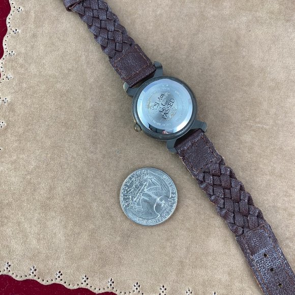 Vintage Milan Moon Phase Quartz Watch Antique Gold Finish Brown Braided Strap - Picture 7 of 8